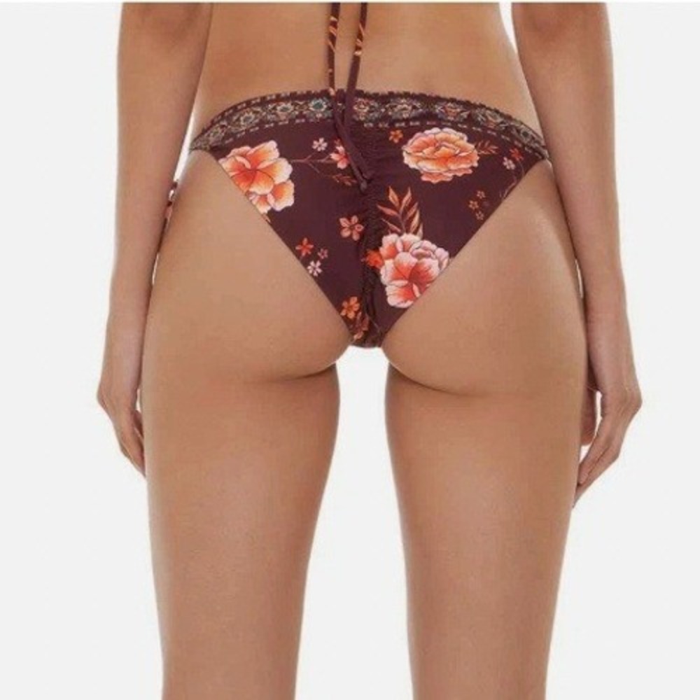 Agua Bendita Alegria Cocoa Floral Beaded Side Tie Bikini Bottom Size Small Beach